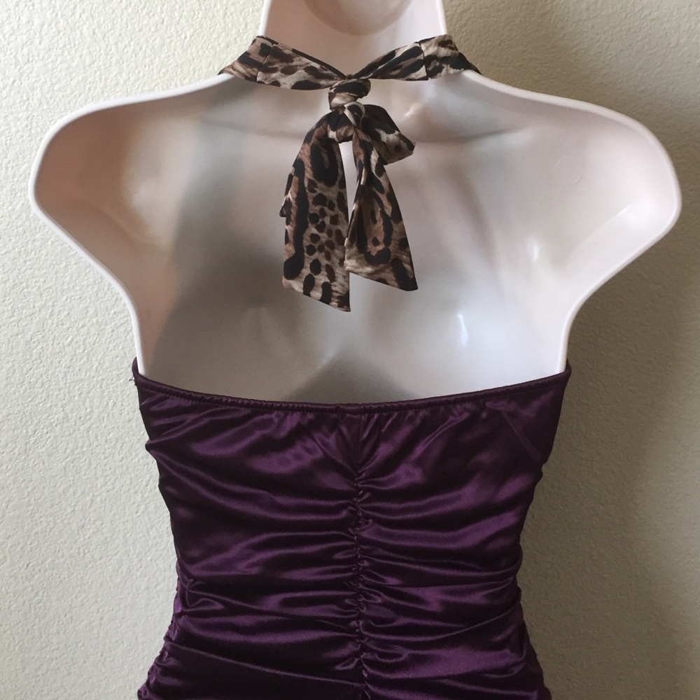 Burgundy Leopard Print Ruched Halter Dress - Picture 2 of 5